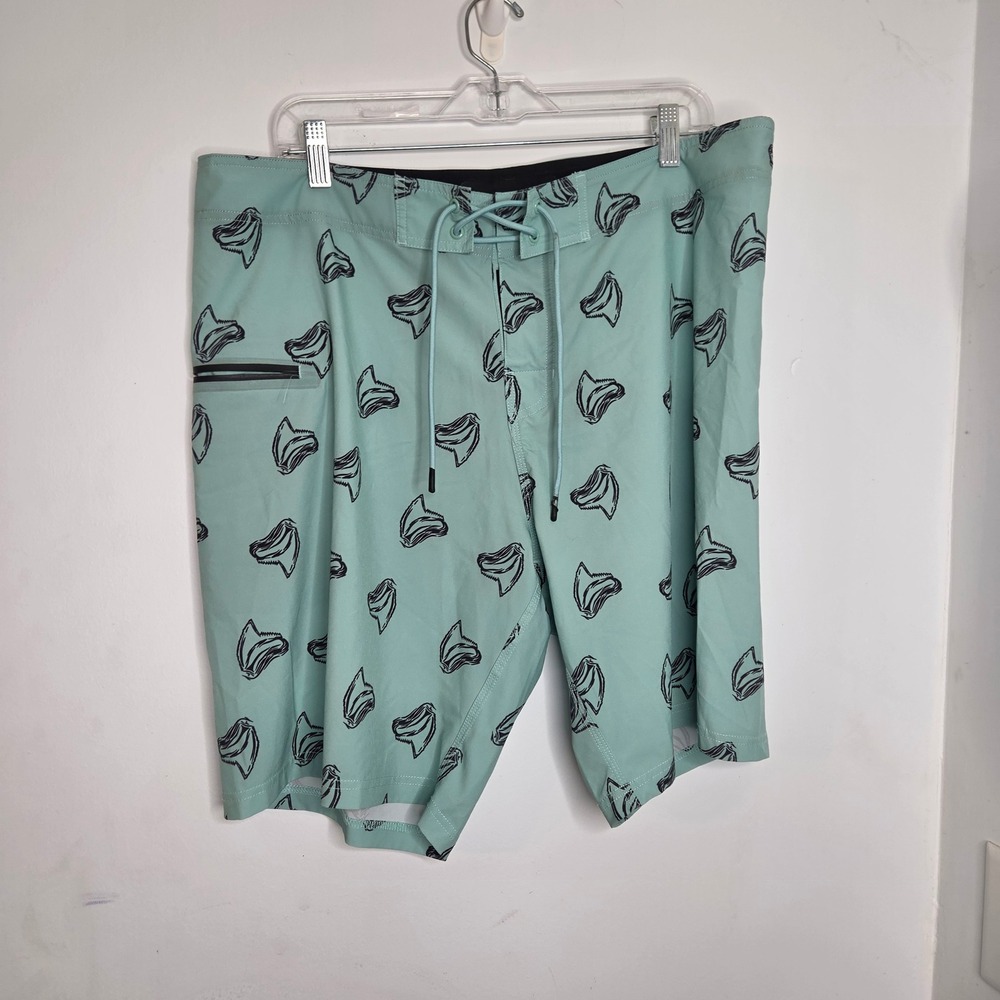 Flomotion Mens Shark Tooth Print Board Shorts Mint Green Swim Trunks‎ Size 36